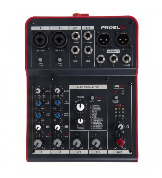 Mixer Ultra-Compatto Proel 6 Ingressi e 2 Bus con Fx Mq6fx-paradisesound.it