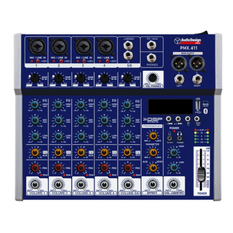 Audio design pmx.411 mixer professionale 4+1+1 canali -usb/bt 24 effetti con dsp-paradisesound.it